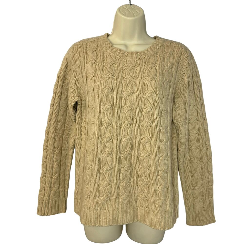 Sutton Studio Cable Knit Sweater Crew Neck Wool Nylon Cream Tan Sz M